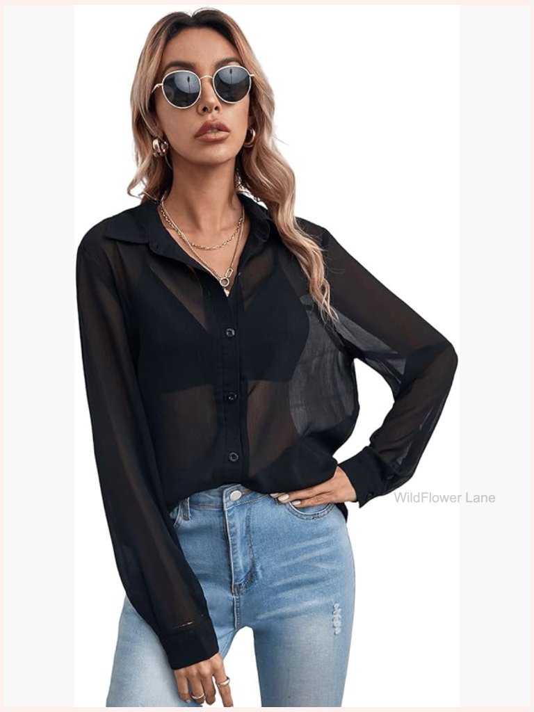 Sheer Mesh Button Up Short Sleeve Blouse Tun